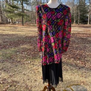 LA BOTTEGA DRESS MIDI BLACK MULTI COLOR FLORAL LONG SHEER SLEEVE SIZE 18 PLUS